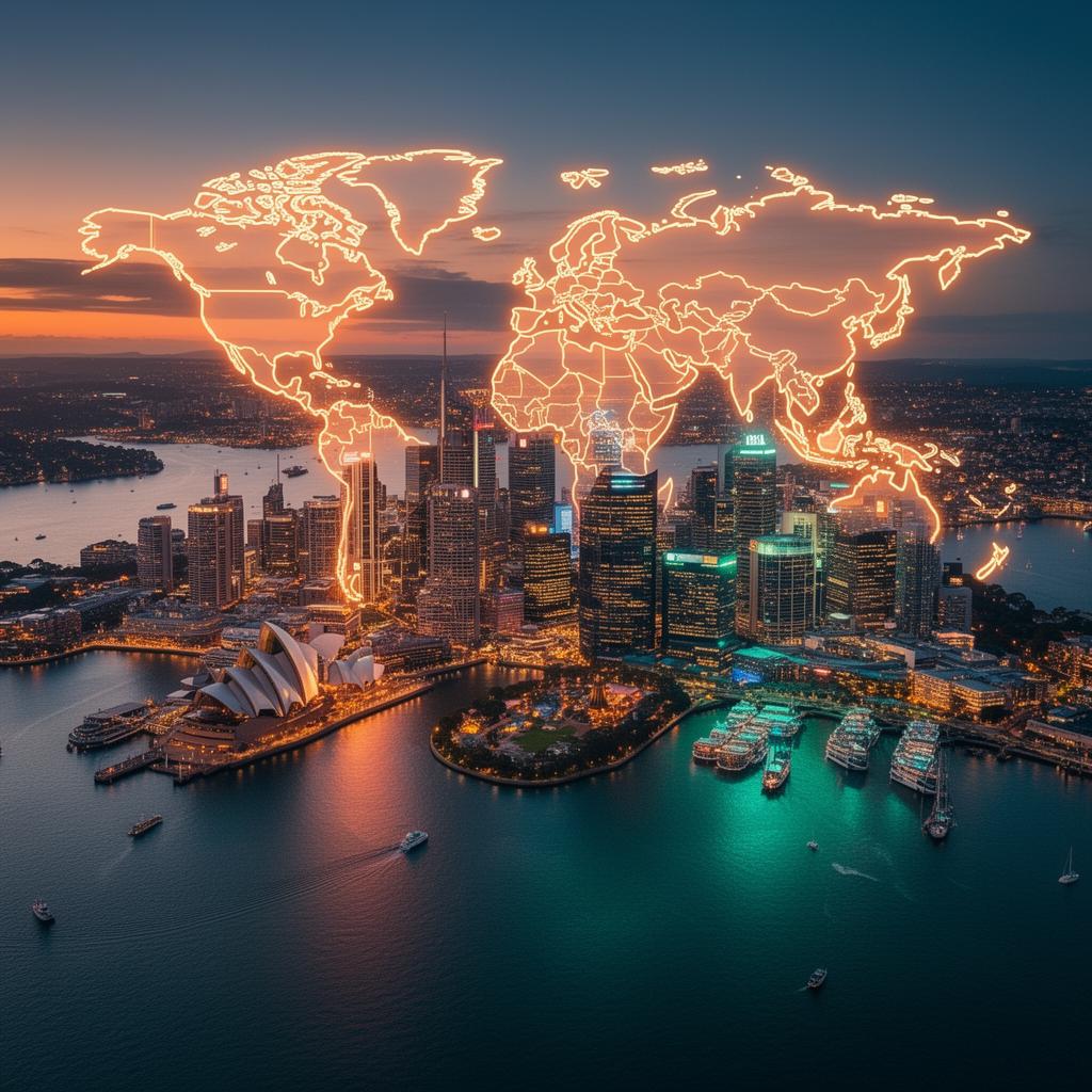 Sydney harbour skyline at dusk overlaid with a glowing map of the Asia-Pacific region
